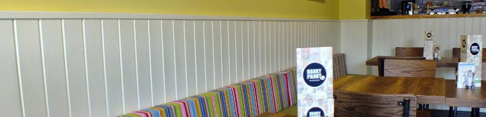 Bright coloured interior of restaurant. 